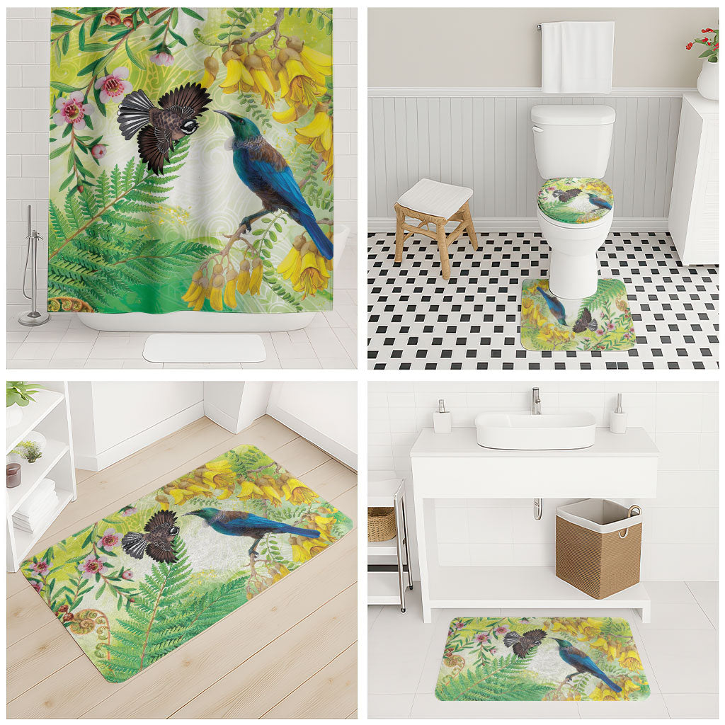 New Zealand Maori Mahuru Bathroom Set Tui With Pikawakawa Spring Colors