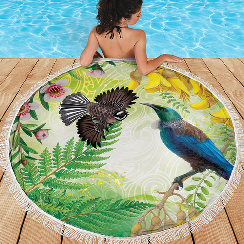 New Zealand Maori Mahuru Beach Blanket Tui With Pikawakawa Spring Colors