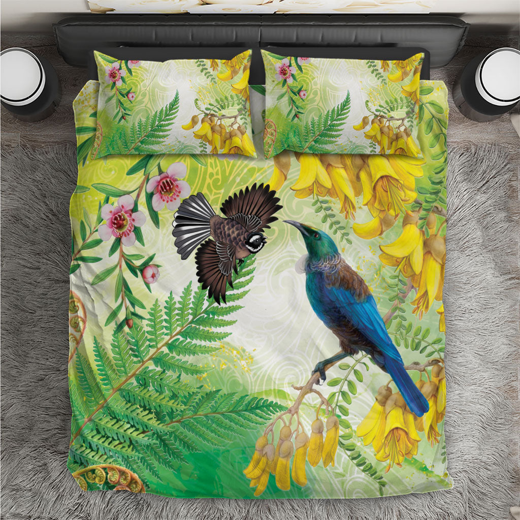 New Zealand Maori Mahuru Bedding Set Tui With Pikawakawa Spring Colors