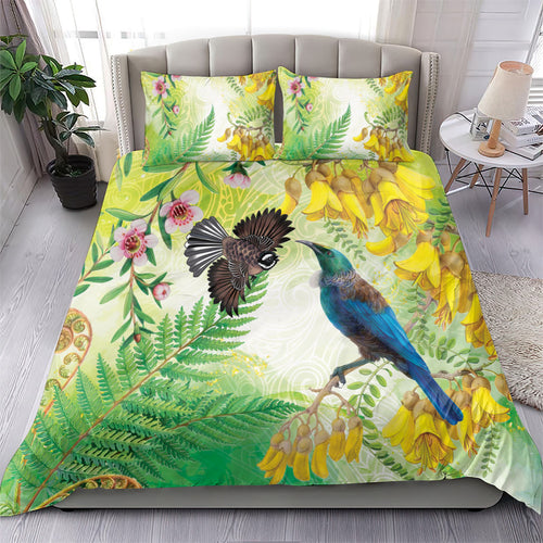 New Zealand Maori Mahuru Bedding Set Tui With Pikawakawa Spring Colors