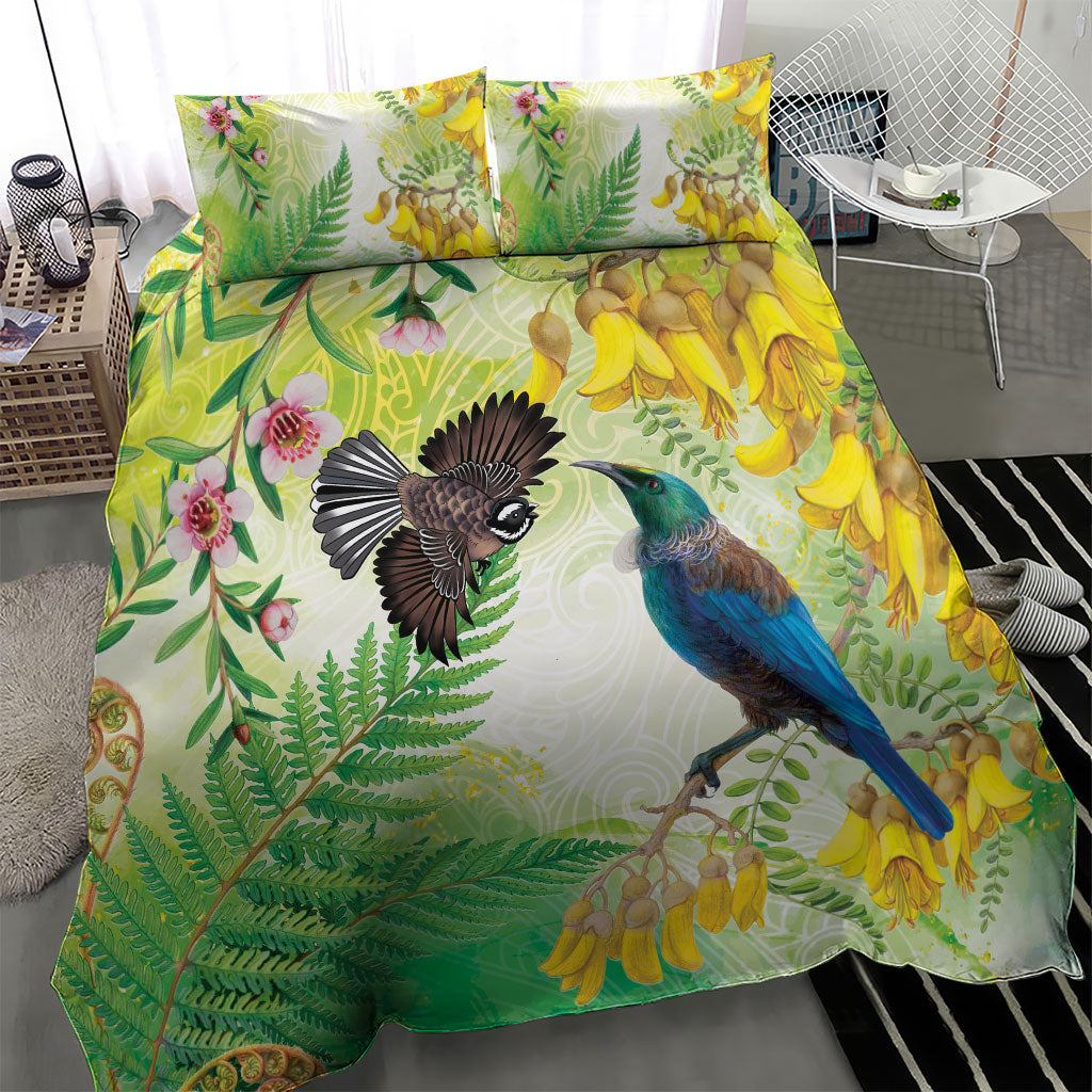 New Zealand Maori Mahuru Bedding Set Tui With Pikawakawa Spring Colors