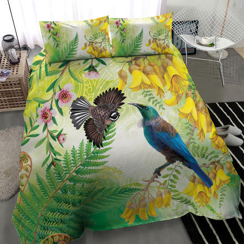 New Zealand Maori Mahuru Bedding Set Tui With Pikawakawa Spring Colors