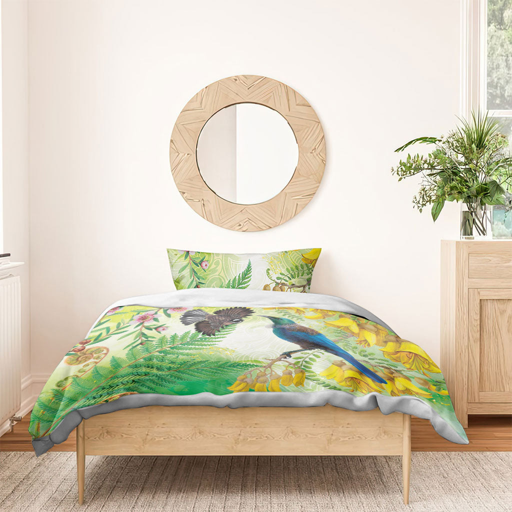 New Zealand Maori Mahuru Bedding Set Tui With Pikawakawa Spring Colors