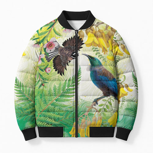 New Zealand Maori Mahuru Bomber Puffer Jacket Tui With Pikawakawa Spring Colors