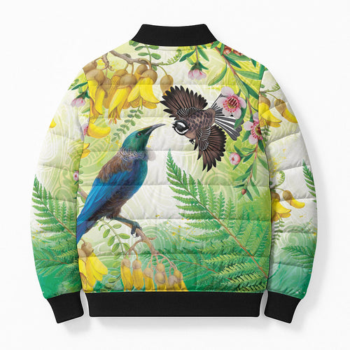 New Zealand Maori Mahuru Bomber Puffer Jacket Tui With Pikawakawa Spring Colors