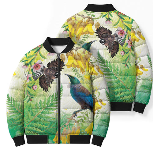 New Zealand Maori Mahuru Bomber Puffer Jacket Tui With Pikawakawa Spring Colors