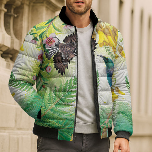 New Zealand Maori Mahuru Bomber Puffer Jacket Tui With Pikawakawa Spring Colors