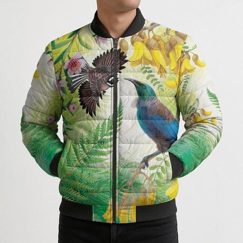 New Zealand Maori Mahuru Bomber Puffer Jacket Tui With Pikawakawa Spring Colors