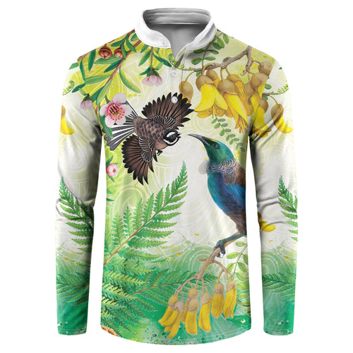 New Zealand Maori Mahuru Button Sweatshirt Tui With Pikawakawa Spring Colors
