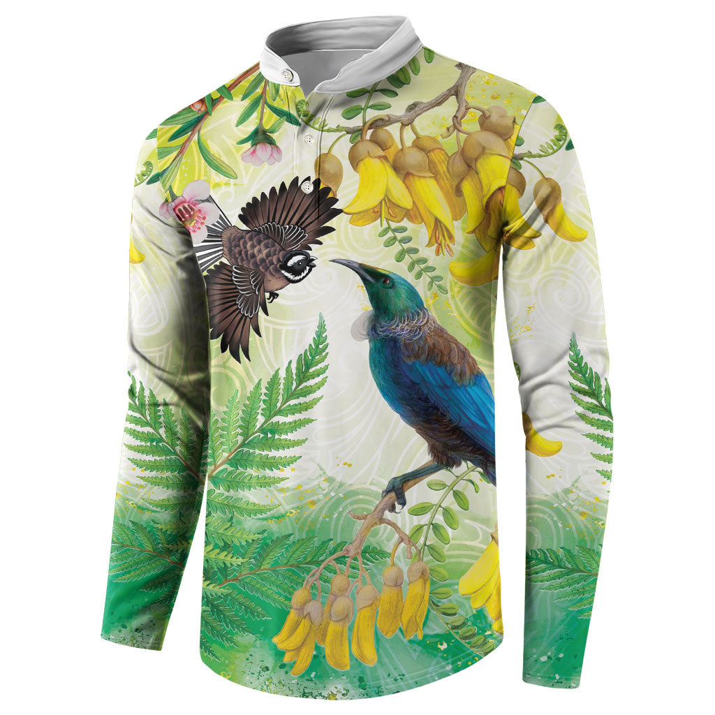 New Zealand Maori Mahuru Button Sweatshirt Tui With Pikawakawa Spring Colors