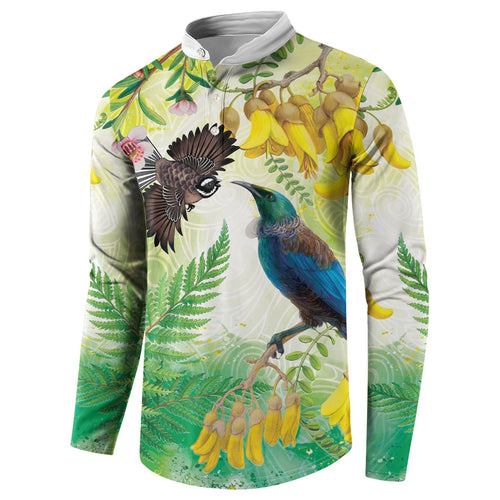 New Zealand Maori Mahuru Button Sweatshirt Tui With Pikawakawa Spring Colors