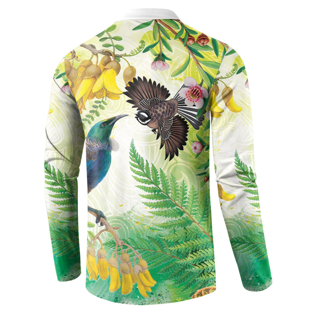 New Zealand Maori Mahuru Button Sweatshirt Tui With Pikawakawa Spring Colors