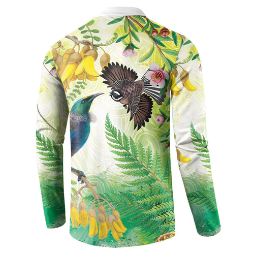 New Zealand Maori Mahuru Button Sweatshirt Tui With Pikawakawa Spring Colors
