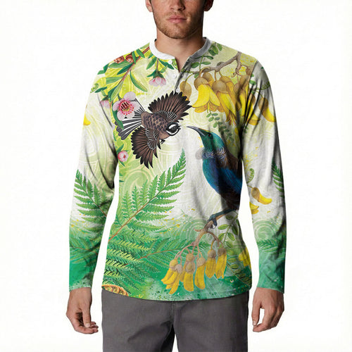 New Zealand Maori Mahuru Button Sweatshirt Tui With Pikawakawa Spring Colors