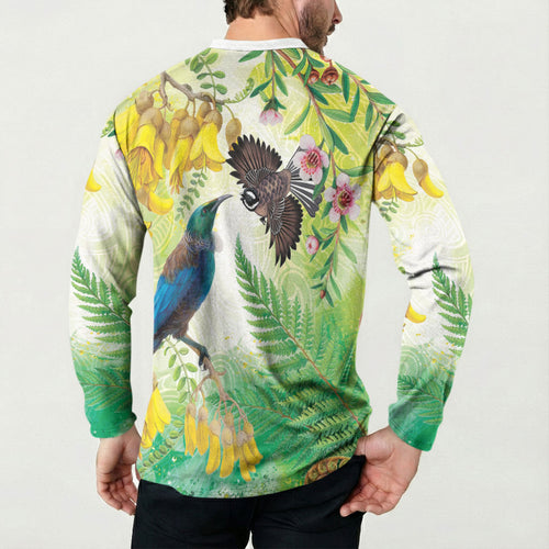 New Zealand Maori Mahuru Button Sweatshirt Tui With Pikawakawa Spring Colors