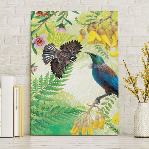 New Zealand Maori Mahuru Canvas Wall Art Tui With Pikawakawa Spring Colors