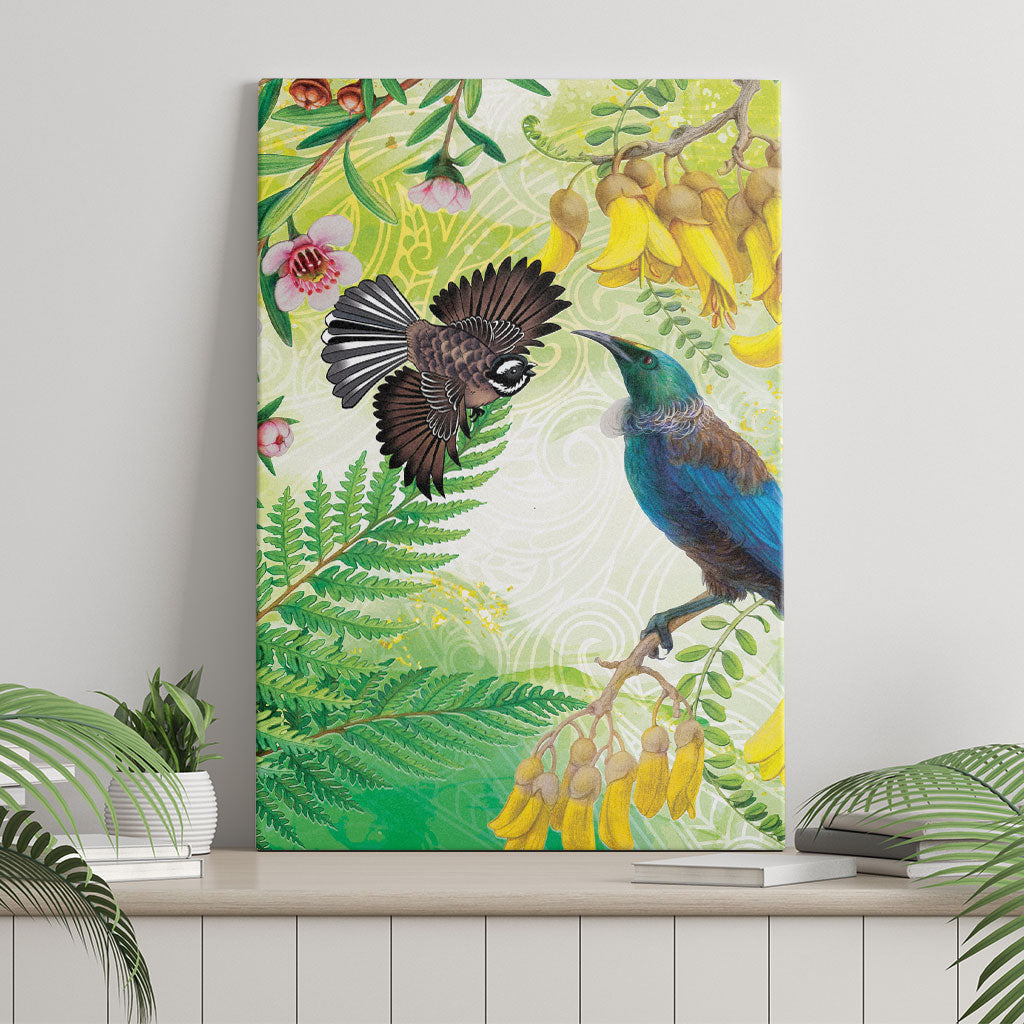 New Zealand Maori Mahuru Canvas Wall Art Tui With Pikawakawa Spring Colors