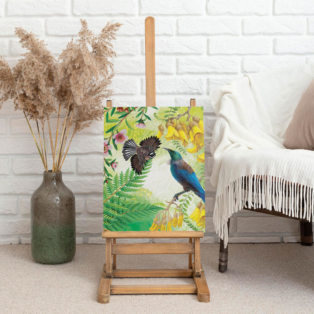 New Zealand Maori Mahuru Canvas Wall Art Tui With Pikawakawa Spring Colors