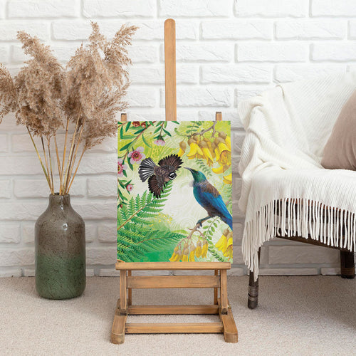 New Zealand Maori Mahuru Canvas Wall Art Tui With Pikawakawa Spring Colors