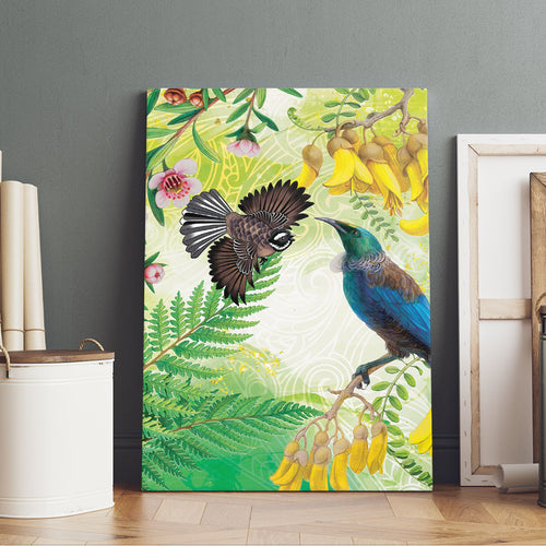 New Zealand Maori Mahuru Canvas Wall Art Tui With Pikawakawa Spring Colors