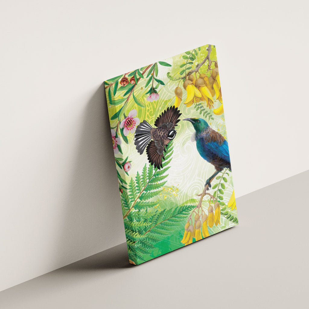 New Zealand Maori Mahuru Canvas Wall Art Tui With Pikawakawa Spring Colors