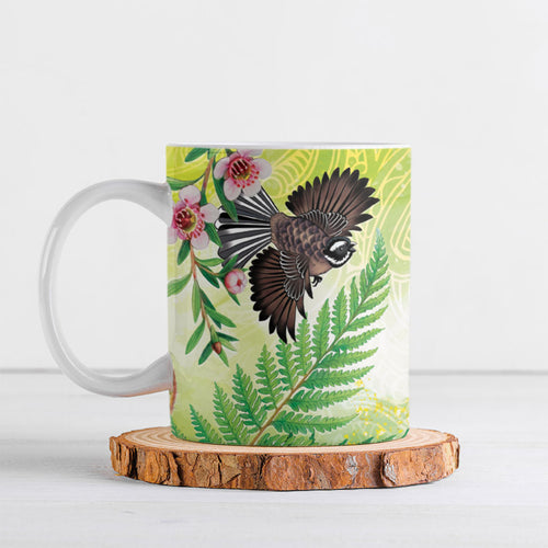 New Zealand Maori Mahuru Ceramic Mug Tui With Pikawakawa Spring Colors