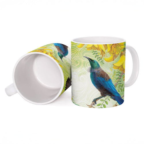 New Zealand Maori Mahuru Ceramic Mug Tui With Pikawakawa Spring Colors