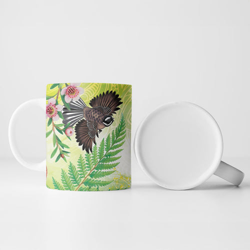 New Zealand Maori Mahuru Ceramic Mug Tui With Pikawakawa Spring Colors