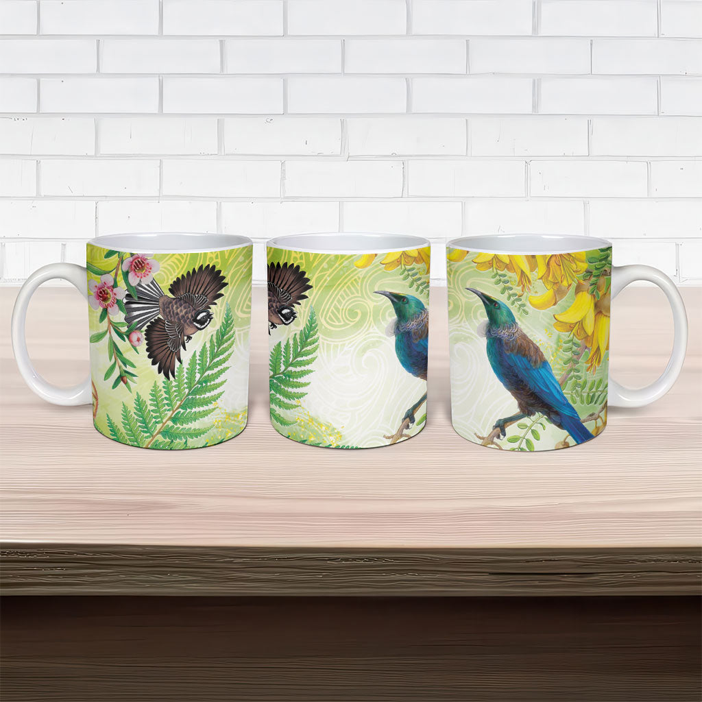 New Zealand Maori Mahuru Ceramic Mug Tui With Pikawakawa Spring Colors