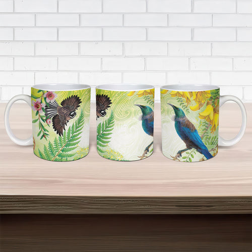 New Zealand Maori Mahuru Ceramic Mug Tui With Pikawakawa Spring Colors