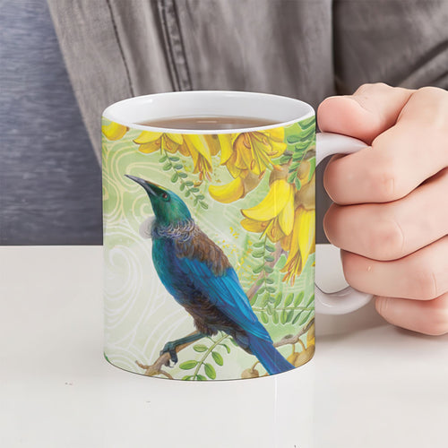 New Zealand Maori Mahuru Ceramic Mug Tui With Pikawakawa Spring Colors