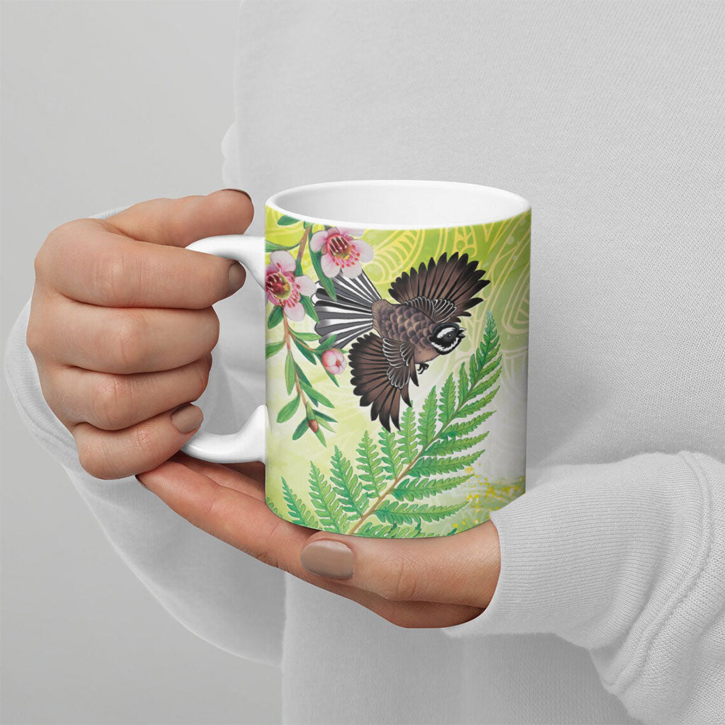 New Zealand Maori Mahuru Ceramic Mug Tui With Pikawakawa Spring Colors