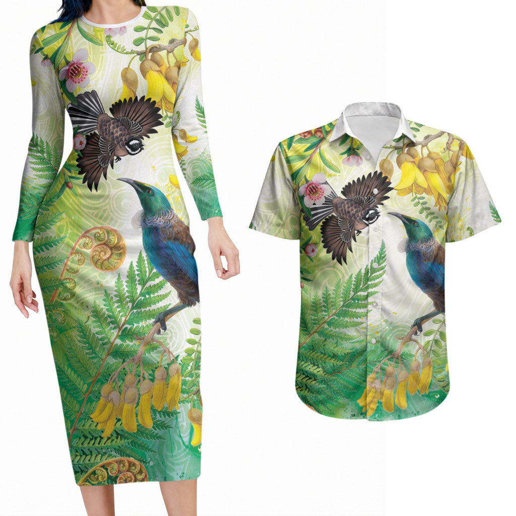 New Zealand Maori Mahuru Couples Matching Long Sleeve Bodycon Dress and Hawaiian Shirt Tui With Pikawakawa Spring Colors