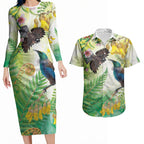 New Zealand Maori Mahuru Couples Matching Long Sleeve Bodycon Dress and Hawaiian Shirt Tui With Pikawakawa Spring Colors