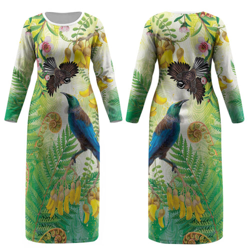 New Zealand Maori Mahuru Couples Matching Long Sleeve Bodycon Dress and Hawaiian Shirt Tui With Pikawakawa Spring Colors