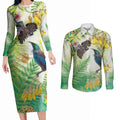 New Zealand Maori Mahuru Couples Matching Long Sleeve Bodycon Dress and Long Sleeve Button Shirt Tui With Pikawakawa Spring Colors
