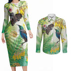 New Zealand Maori Mahuru Couples Matching Long Sleeve Bodycon Dress and Long Sleeve Button Shirt Tui With Pikawakawa Spring Colors