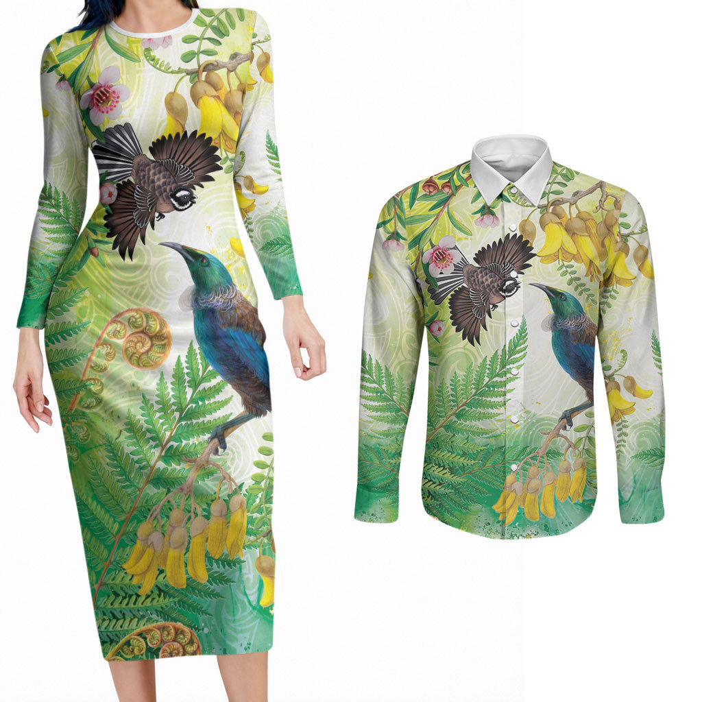 New Zealand Maori Mahuru Couples Matching Long Sleeve Bodycon Dress and Long Sleeve Button Shirt Tui With Pikawakawa Spring Colors
