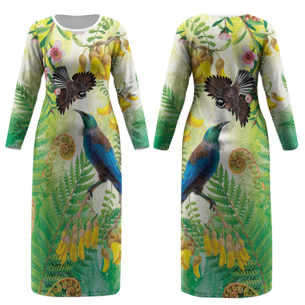 New Zealand Maori Mahuru Couples Matching Long Sleeve Bodycon Dress and Long Sleeve Button Shirt Tui With Pikawakawa Spring Colors