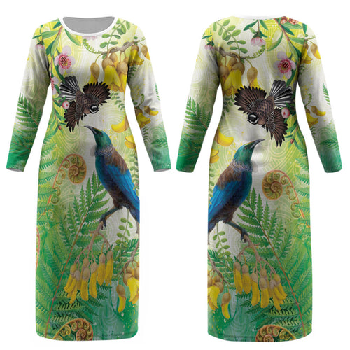 New Zealand Maori Mahuru Couples Matching Long Sleeve Bodycon Dress and Long Sleeve Button Shirt Tui With Pikawakawa Spring Colors