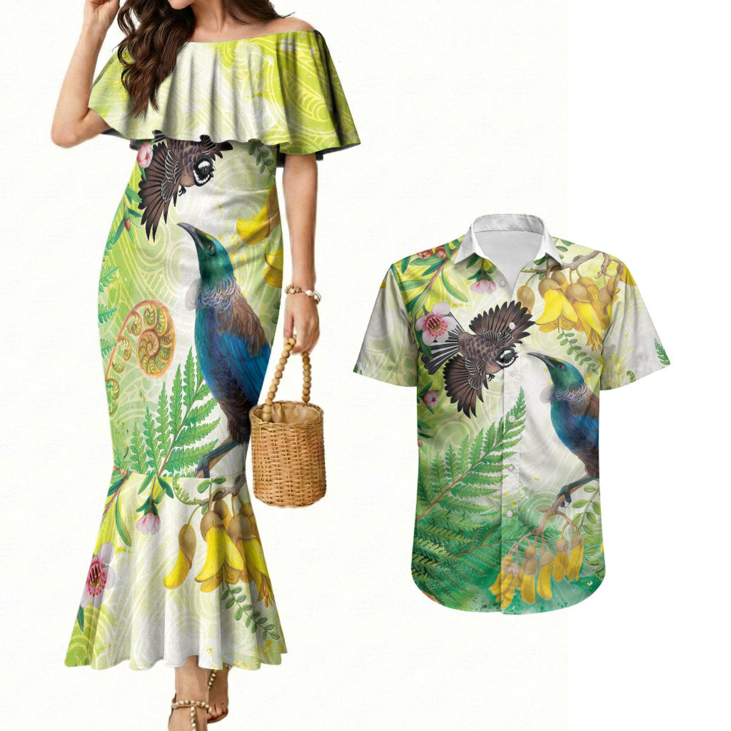New Zealand Maori Mahuru Couples Matching Mermaid Dress and Hawaiian Shirt Tui With Pikawakawa Spring Colors