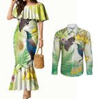 New Zealand Maori Mahuru Couples Matching Mermaid Dress and Long Sleeve Button Shirt Tui With Pikawakawa Spring Colors