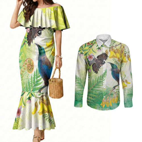 New Zealand Maori Mahuru Couples Matching Mermaid Dress and Long Sleeve Button Shirt Tui With Pikawakawa Spring Colors