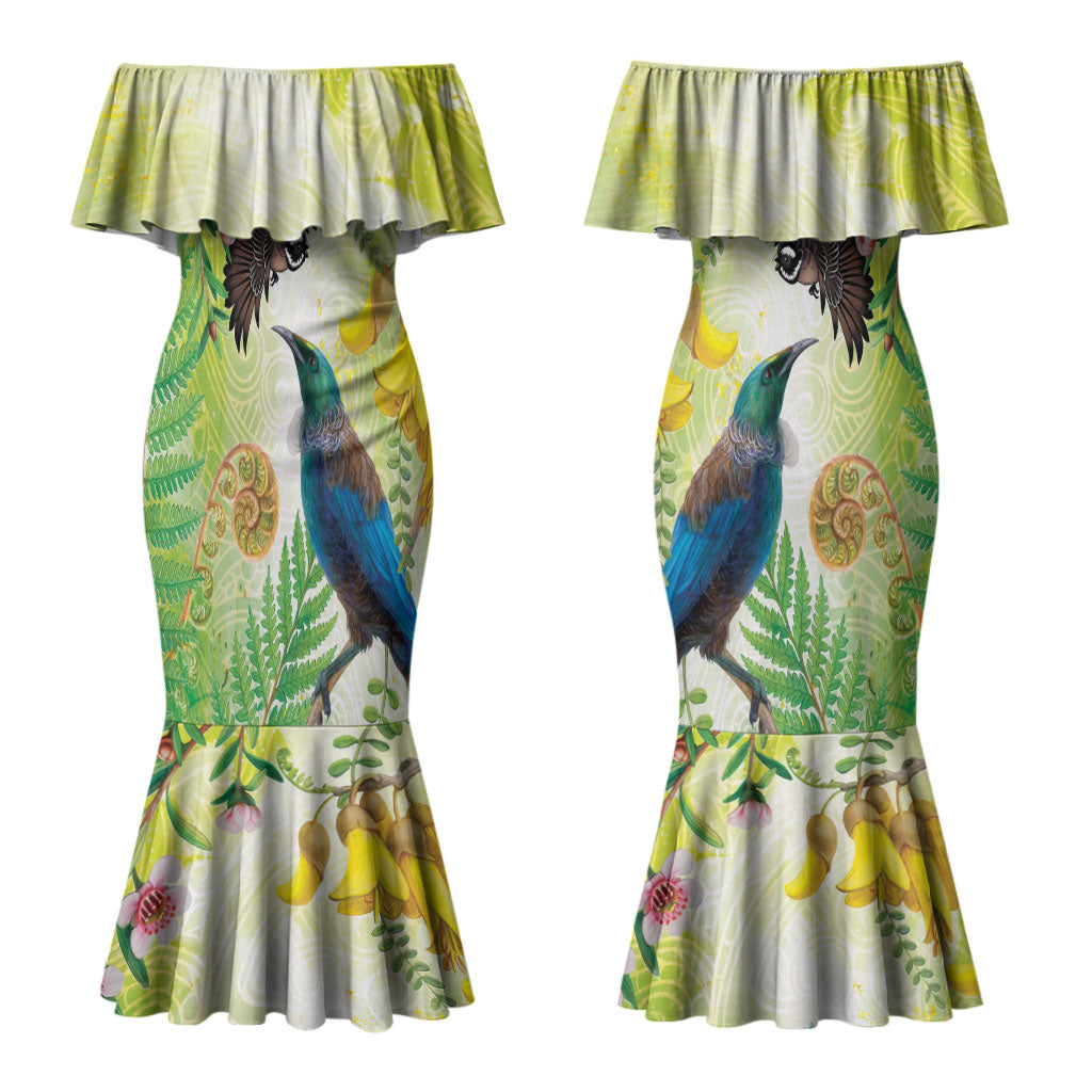 New Zealand Maori Mahuru Couples Matching Mermaid Dress and Long Sleeve Button Shirt Tui With Pikawakawa Spring Colors