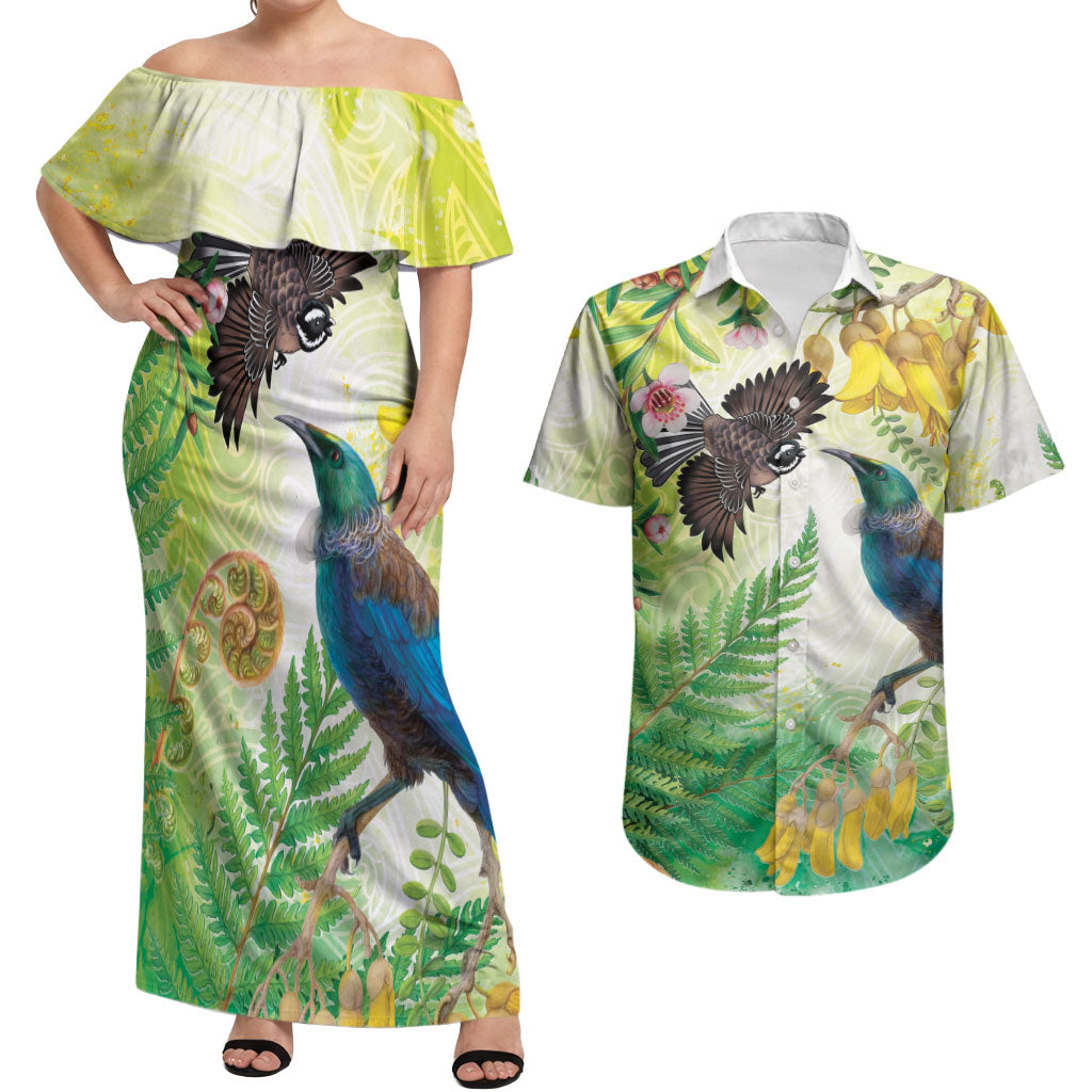 New Zealand Maori Mahuru Couples Matching Off Shoulder Maxi Dress and Hawaiian Shirt Tui With Pikawakawa Spring Colors