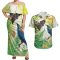 New Zealand Maori Mahuru Couples Matching Off Shoulder Maxi Dress and Hawaiian Shirt Tui With Pikawakawa Spring Colors