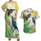 New Zealand Maori Mahuru Couples Matching Off Shoulder Maxi Dress and Hawaiian Shirt Tui With Pikawakawa Spring Colors