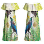 New Zealand Maori Mahuru Couples Matching Off Shoulder Maxi Dress and Hawaiian Shirt Tui With Pikawakawa Spring Colors