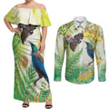 New Zealand Maori Mahuru Couples Matching Off Shoulder Maxi Dress and Long Sleeve Button Shirt Tui With Pikawakawa Spring Colors