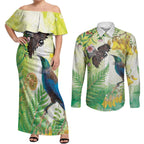 New Zealand Maori Mahuru Couples Matching Off Shoulder Maxi Dress and Long Sleeve Button Shirt Tui With Pikawakawa Spring Colors